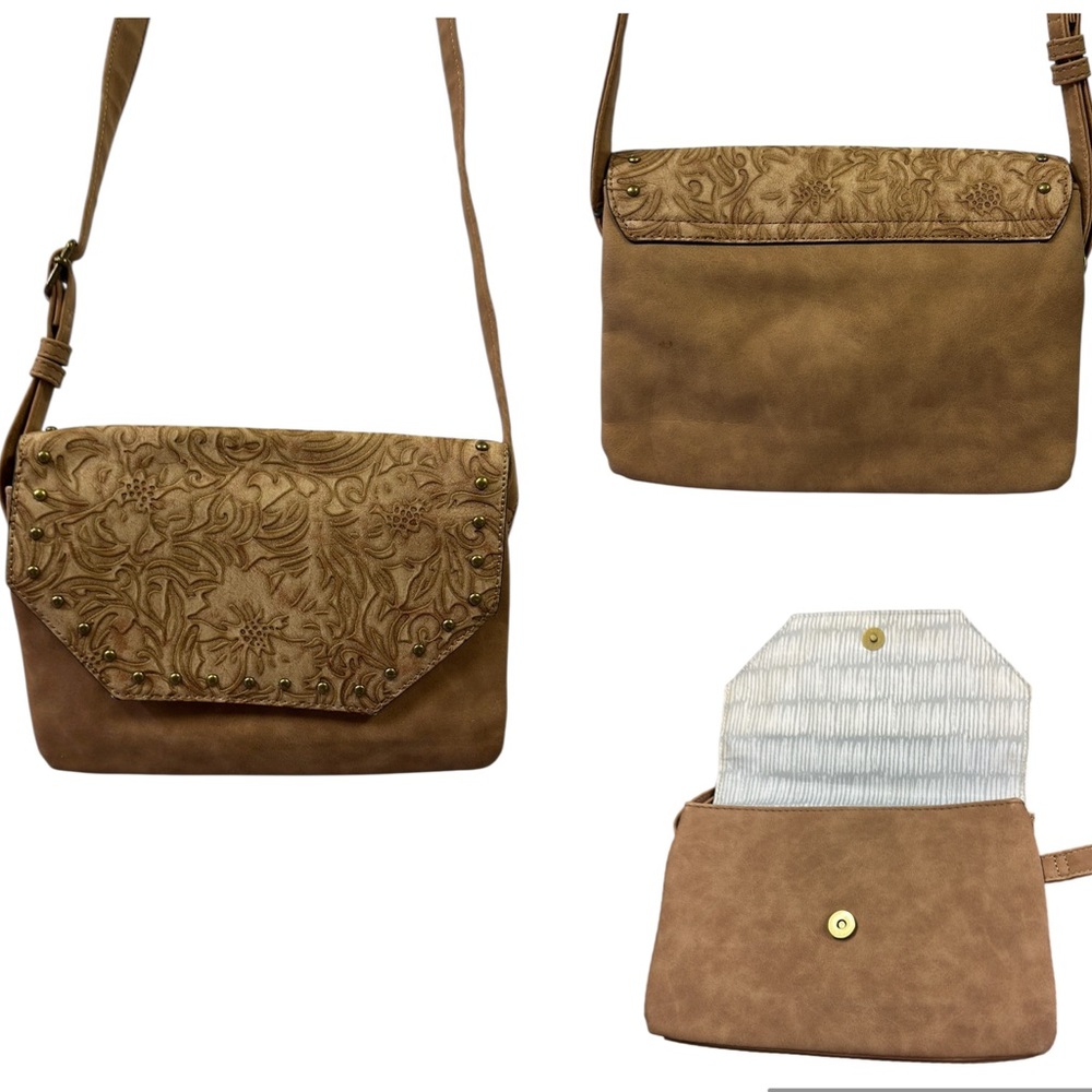 Tan Brown Embossed Studded Faux Leather Suede Crossbody Purse 10 x 7.5 inches